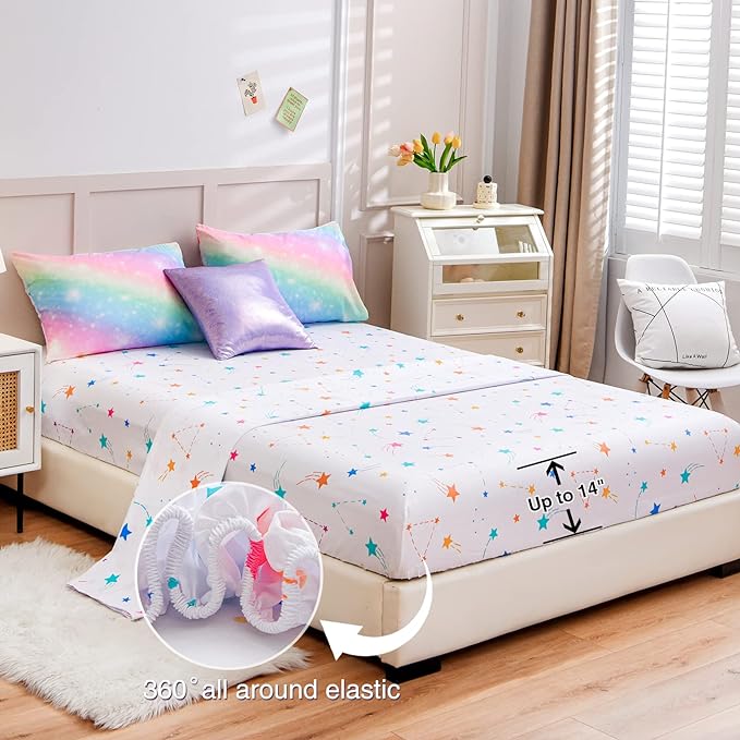 A Nice Night 6Pcs Gradient Glitter Bedding Set for Girls Twin Size, Colorful Rainbow Galaxy Comforter Set, Ultra Soft Bedding Sets, Pink