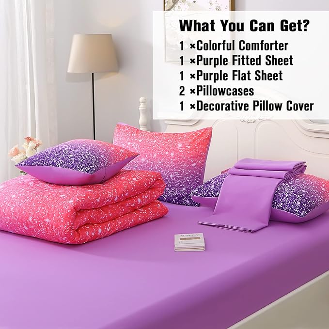 JQinHome Full Size Pink Purple Comforter Set, 6 Piece Bed in A Bag 3D Colorful Bedding Set for Girls Women