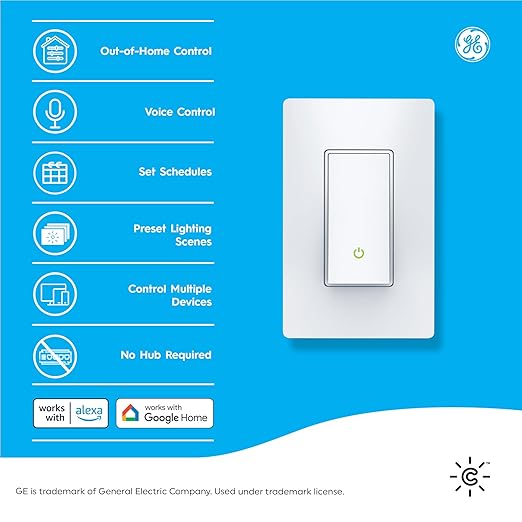 GE CYNC Smart Light Switch, Paddle Style, No Neutral Wire Required, Bluetooth and 2.4 GHz WiFi 3-Wire Switch, Works with Amazon Alexa and Google Home, White (1 Pack)