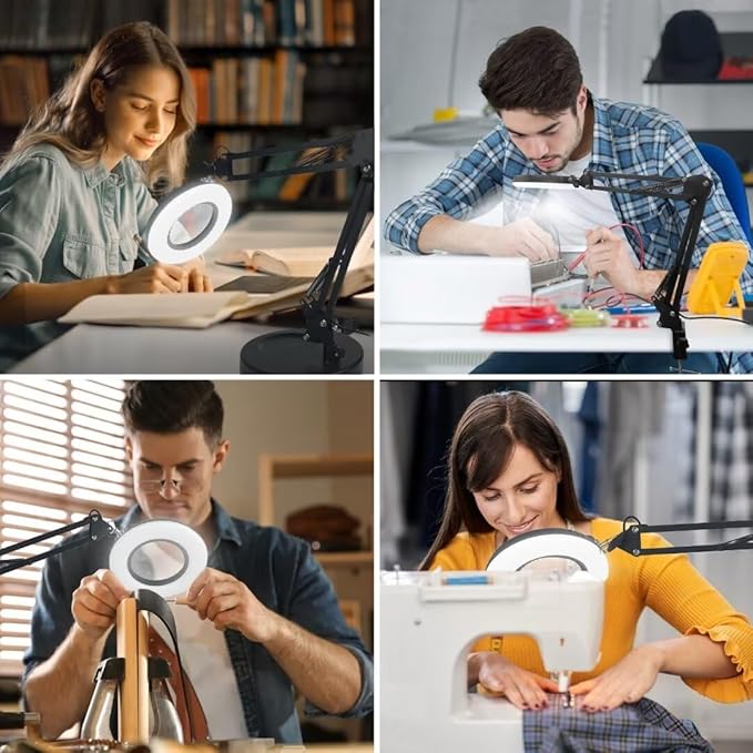 2-in-1 Large Magnifying Glass with Light and Stand-Lighted Magnifying Glass Magnifying Lamp 5 Color Modes Stepless Dimmable-Hands Free Desk Magnifying Glass with Light for Close Work Reading Repair