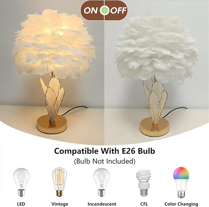 ZYLEIESENBAO Feather Desk Lamp Creative Girls Bedroom Decoration Lamp Modern White Feather Table Bedside Lamp Cute 12'' for Living Room Wedding Childrens Room