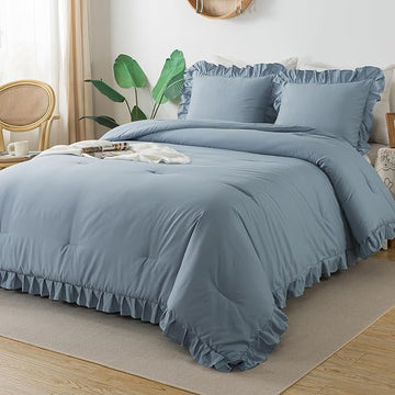 Andency Grayish Blue King Comforter Set(104x90Inch), 3 Pieces Lightweight Winter Summer Warm Fluffy Bedding Comforter Set, All Season Microfiber Shabby Chic(1 Ruffle Comforter and 2 Pillowcases)