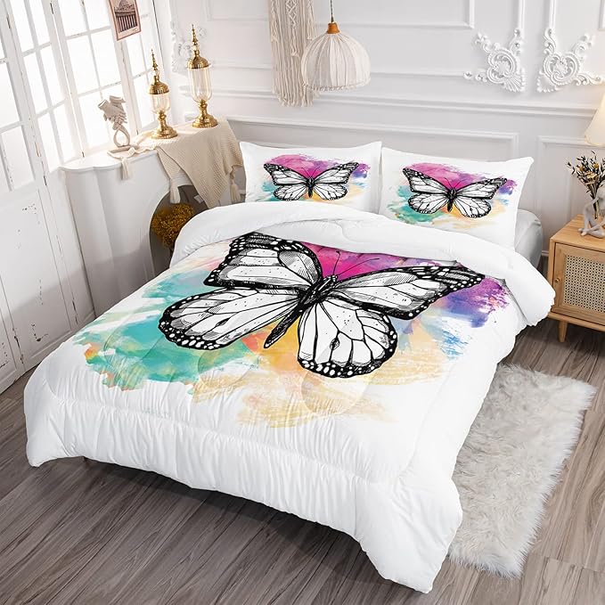 CVHOUSE Butterfly Bedding Set,Butterfly Comforter Full,Butterfly Comforter Set for Girls Kids Teens,Butterflies Quilt Set with 1 Comforter and 2 Pillow Cases- 3 Piece