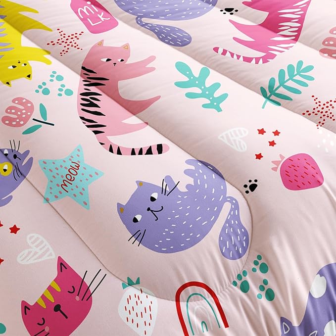 Kawaii Cats Comforter Queen Size,Pink Cats Kids Comforter Set,3Pcs Bedding Set Printed Comforter with 2 Pillowcases,Down Alternative,Soft and Lightweight,for All Seasons