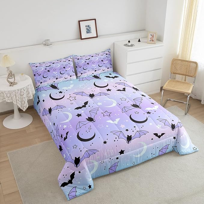 Feelyou Halloween Comforter Rainbow Comforter Set for Boys Girls Children Bat Moon Star Print Bedding Set Halloween Theme Purple Gradient Style Room Decor King Size Duvet Set 3Pcs