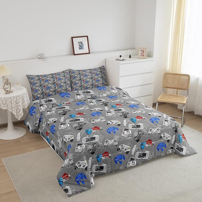 Erosebridal Gaming Comforter Set Twin for Boys Video Game Bedding Set Cartoon Gamepad Gamer Down Comforter, Soft Microfiber Grey White Reversible Bedding Comforters Game Quilt