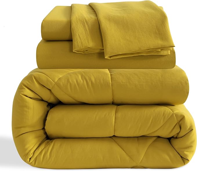 NTBAY Twin Comforter Set with Sheets, 5 Pieces Soft and Breathable Twin Bedding Set, Twin Bed in a Bag, Down Alternative Comforter Set Solid Color All Season, Kids Bedding Set, Yellow