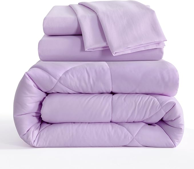 NTBAY Twin Comforter Set with Sheets, 5 Pieces Soft and Breathable Twin Bedding Set, Twin Bed in a Bag, Down Alternative Comforter Set Solid Color All Season, Kids Bedding Set, Light Purple