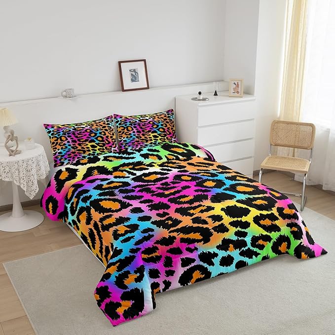 Leopard Print Comforter Set for Girls Kids Women Neon Rainbow Leopard Fur Bedding Set Mottled Exotic Panthera Skin Comforter Room Decor Colorful Camouflage Safari Theme Duvet Set Full Size Quilt Set