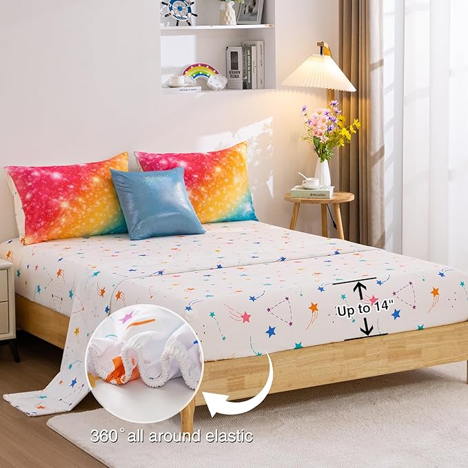 A Nice Night Gradient Glitter 6Pcs Bed in A Bag Bedding Set for Girls Full Size, Colorful Rainbow Galaxy Comforter Set, Ultra Soft Bedding Sets, YellowBlue