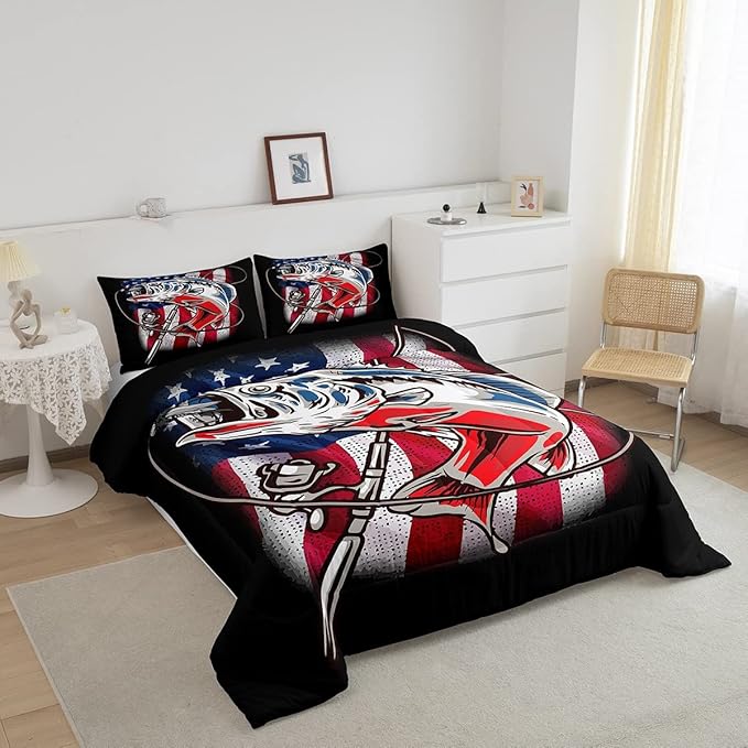 American Flag Comforter Set Farmhouse Fishing Bedding Set for Kids Boys Girls Teens Room Wild Fish Decor Comforter Red Blue Stripe Quilted Set 3Pcs Queen Size