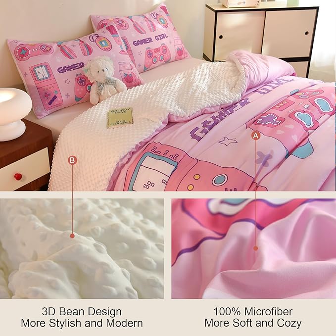 Video Game Queen Size Comforter Set for Girls Kids Teens 3D Gaming Controller Pattern Gamepad Print Bedding Set- 3 Piece Pink Quilt with 2 Pillowcases (90"x90")