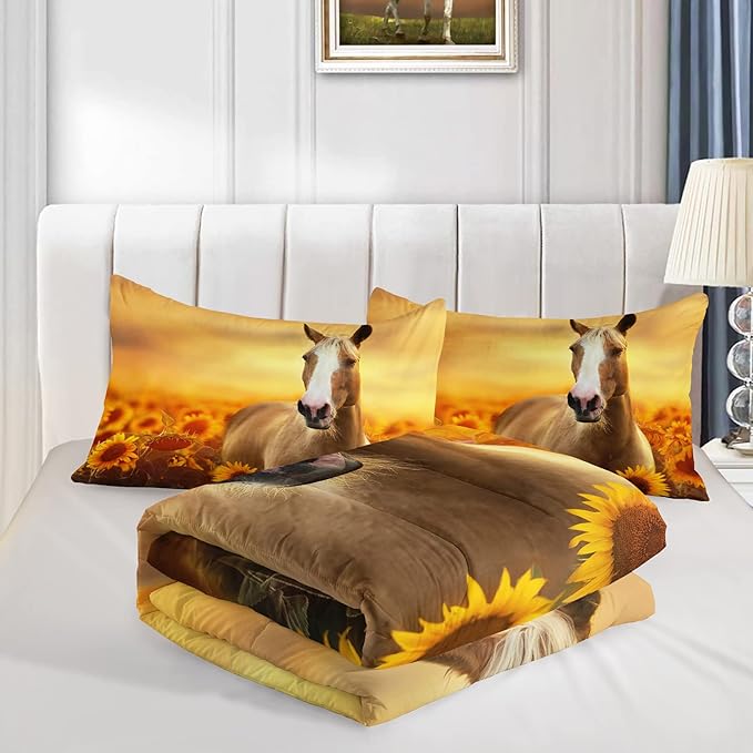 Horse Comforter Queen Size,Sunflower Horse Comforter Set for Kids Teens Girls Boys,3Pcs Bedding Set Printed Comforter with 2 Pillowcases,Soft and Lightweight，Queen Size