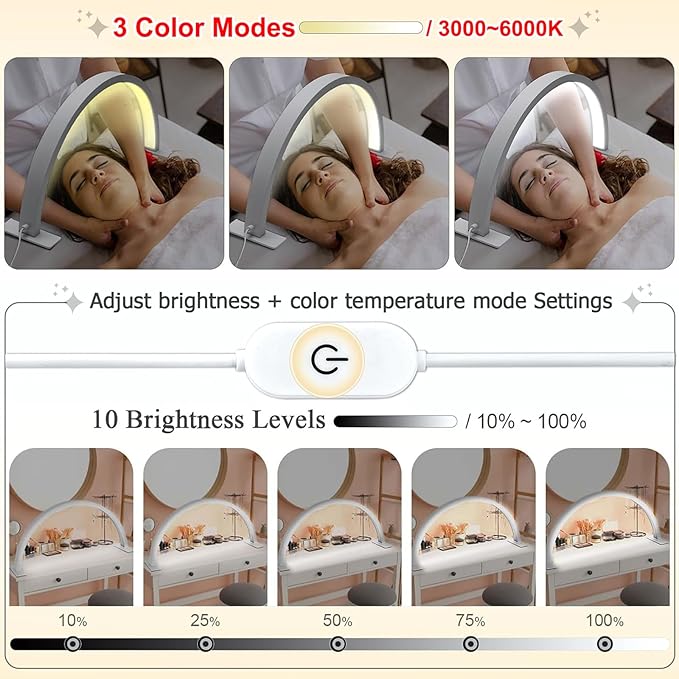 Half Moon Lamp for Naiil Desk 3000-6000k 50w LED Lash Lamp for Lash Extension Led Light for Nails tech, Stepless Dimming 3 Color Led Light for Nails Tech (White, 23IN)