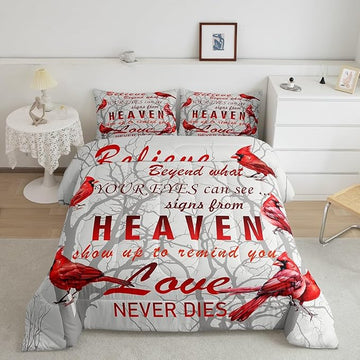 Cardinal Bird Comforter Set Full Size Farmhouse Red Birds Bedding Set for Girls Boys Women Men Tree Branches Decor Comforter Nature Comforter with 2 Pillow Case