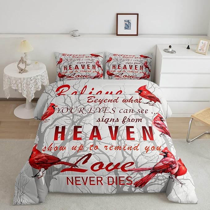 Cardinal Bird Comforter Set Twin Size Farmhouse Red Birds Bedding Set for Girls Boys Women Men Tree Branches Decor Comforter Nature Comforter with 1 Pillow Case