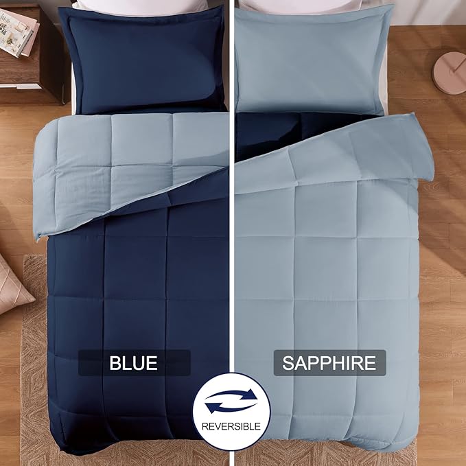 Basic Beyond King Size Comforter Set - Fluffy King Bed Comforter Set for All Seasons - Reversible Blue Comforter Set King - 3 Pieces (1 Comforter + 2 Pillow Shams) - Blue/Sapphire