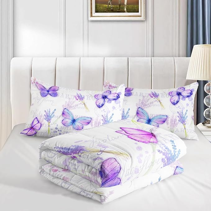 Purple Butterfly Comforter Set Queen Size for Girls Kids Adults Lavender Flowers Pattern Bedding Set Aesthetics Butterflies Quilt Bed Set with 1 Comforter and 2 Pillowcases