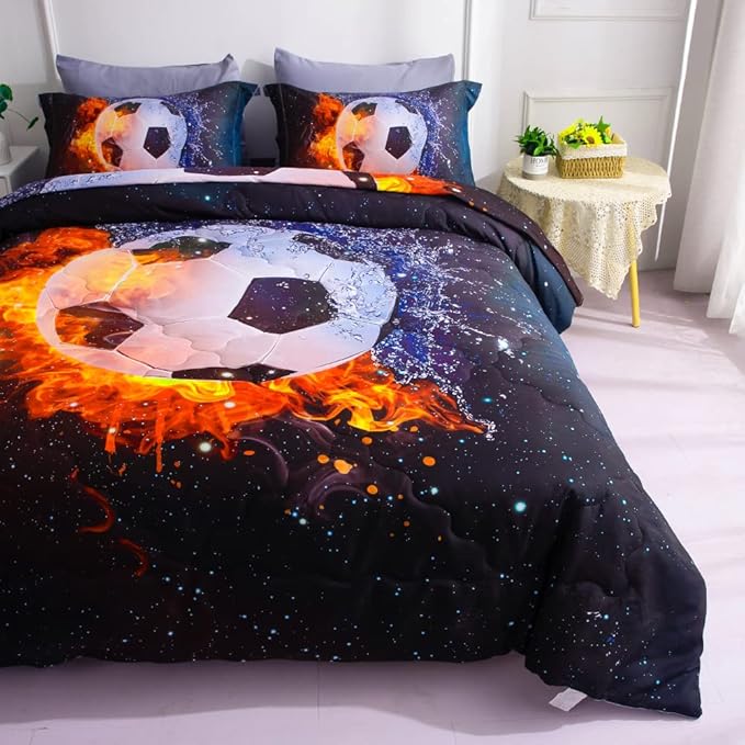 Wajade Football Soccer Comforter Set Bed in A Bag Twin Size 3D Galaxy Soccer Ball Sports Bedding Set for Boys Kids (1 Comforter, 1 Flat Sheet, 1 Fitted Sheet, 2 Pillowcase and 2 Pillow Sham)