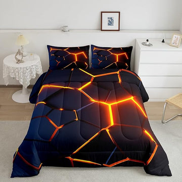 Honeycomb Print Bedding Set Red Black Fire Hexagonal Pattern Comforter Set for Kids Boys Girls Teens Beehive Geometrical Comforter Breathable Simplistic Duvet Set Room Decor Quilt Set Full Size