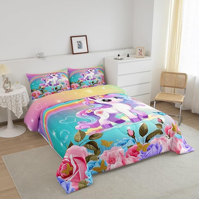 Cartoon Unicorn Kids Comforter Set Queen Size,Roses Flowers Butterfly Princess Bedding Set,Girls Women Room Decor,Rainbow Unicorn Cute Down Comforter,Pink Blue Romantic Duvet Insert,2 Pillowcases