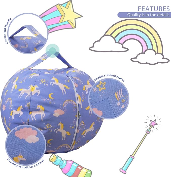 Aubliss Stuffed Animal Bean Bag Storage Chair (Light Blue Unicorn, X-Large (48''))