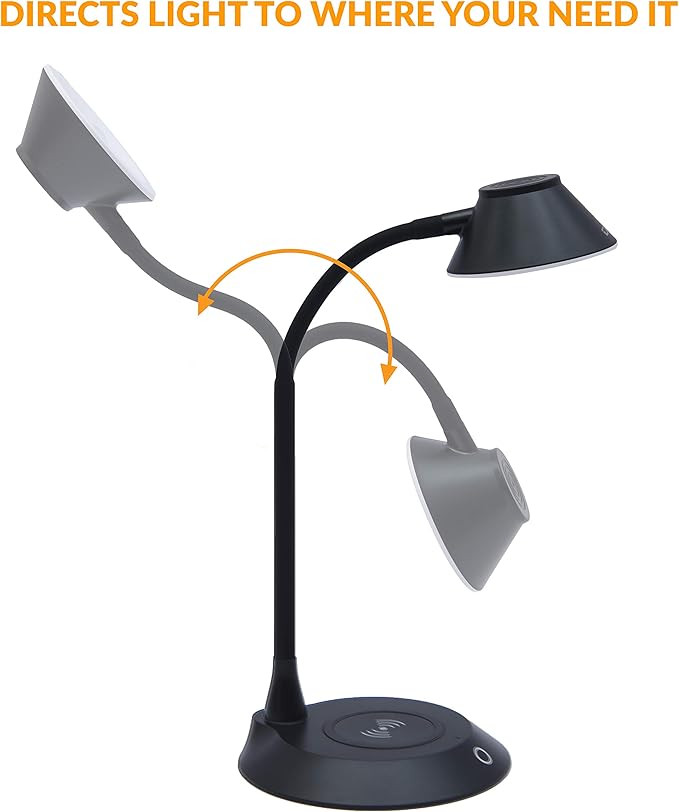 DAC Desk Lamp Wireless Charger – for iPhone 11, X, 8, Galaxy S20, S10, S9, S8, S7 and All Qi-Enabled Devices - 3 Brightness Levels - Flexible Gooseneck LED Lamp - Desk Light for Office – Black