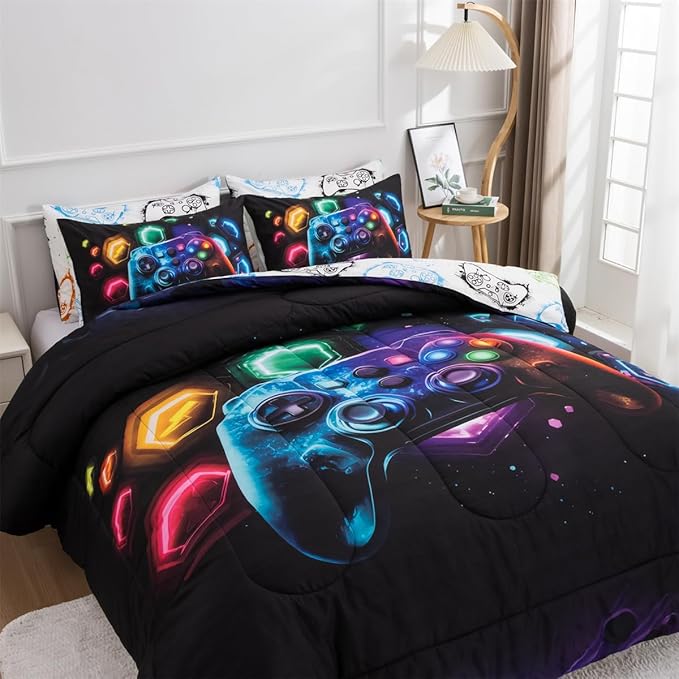NTBED Game Console Comforter Set for Boys Girls Kids Space Universe Gaming Geometric Lightweight Microfiber Gamer Bedding Sets (Multi, Queen)