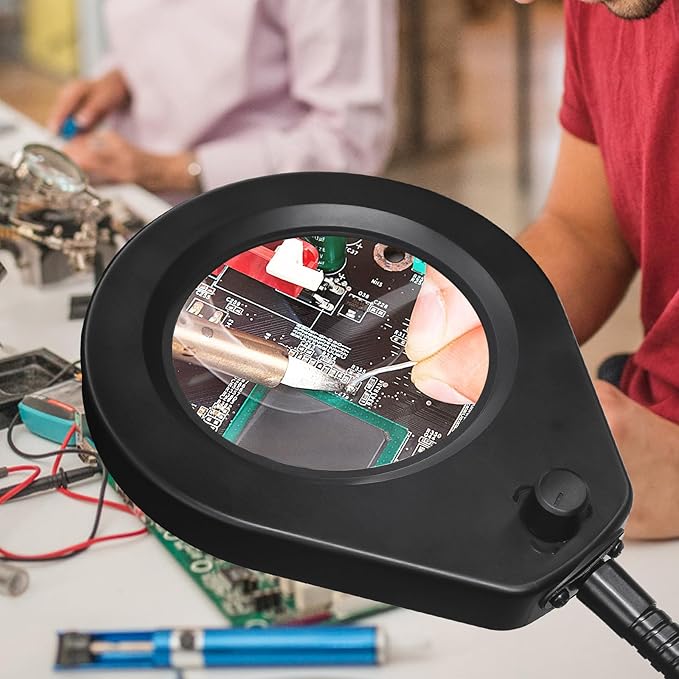Magnifying with Light and 10X Real Glass Lens, Lighted in 5 Color Temperatures & 10 Dimmable Levels, Desk Edge Clip Mounted, Hands Free Positioning by 19.7' Gooseneck Arm
