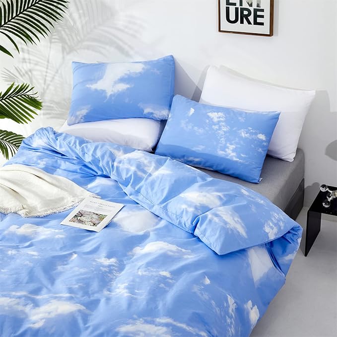 Cotton Blue Cloud Comforter Set Queen Size Sky Blue Comforter Cotton 3 Pieces Soft Light Blue Queen Comforter Bedding Set Women Solid Blue Queen Bed Comforter Set for All Season as Gift