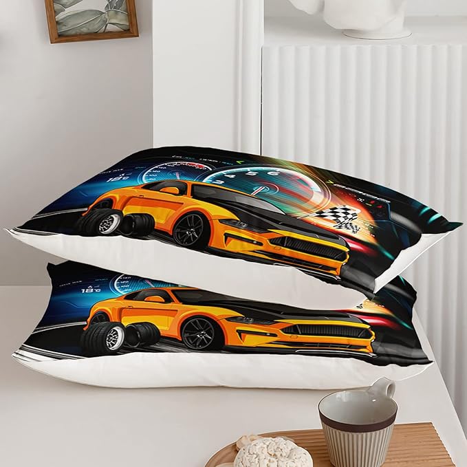 Axolotl Race Car Bedding Set Queen Size,Boys Extreme Sports Comforter Set for Kids Boys Car Racing Gifts,Yellow Cool Car Comforter Car Sports Quilt Set 1 Comforter with 2 Pillowcase Car Racing Gifts