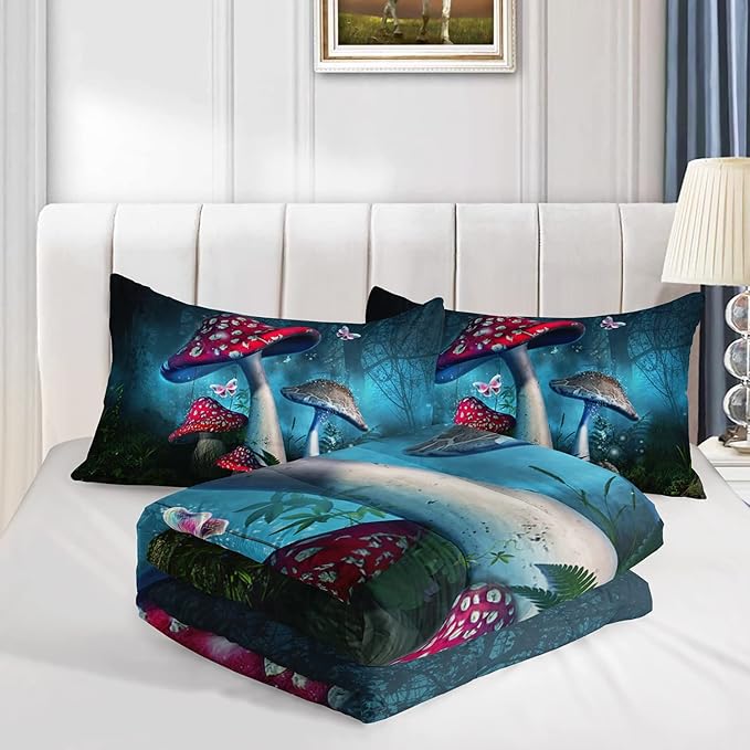Red Mushroom Kawaii Comforter Set Queen Size Kids Mushroom Butterfly Bedding Set Botanical Plant Theme Print Quilt Bed Set for Boys Girls Adults with 1 Comforter and 2 Pillowcases