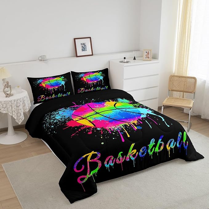 Feelyou Kids Basketball Comforter Set Queen Size Gaming Sports Bedding Set for Boys Girls Teens Bedroom Decor Ball Games Tie Dye Comforter Gift for Basketball Lover Duvet Set with 2 Pillow Case