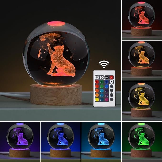 Cat Gifts for Cat Lovers for Women, Large 3D Cat Night Light, Crystal Cat Figurines Lamp 16 Color Changing with Remote Control for Bedroom Decor, Cat Play with Butterfly