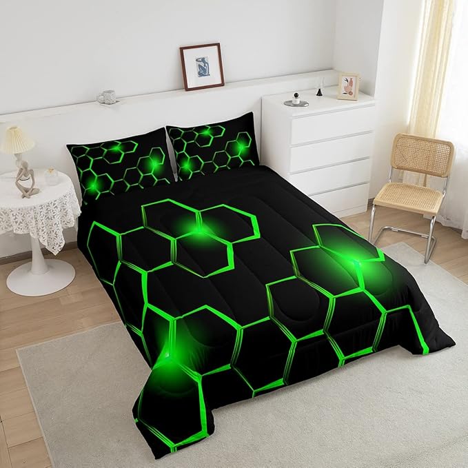 Honeycomb Kids Comforter Set Modern Geometry Hexagon Bedding Set for Boys Teens Decor Geometrical Comforter Beehive Geometric Black Green Duvet Set King Size with 3 Pillow Case Boys