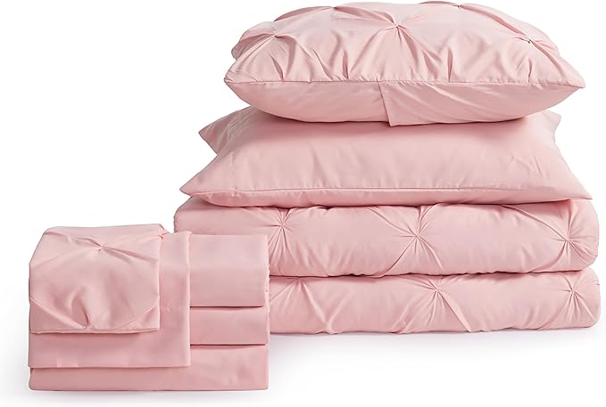 Bedsure Pink Twin Comforter Set for Girls - 5 Pieces Twin Bedding Sets, Pinch Pleat Pink Twin Bed in a Bag with Comforter, Sheets, Pillowcase & Sham