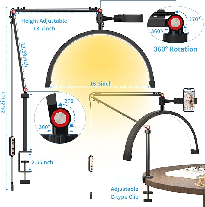 Yofuly Lash Light for Eyelash Extensions, Portable Half Moon Desk Lamp, Esthetician Light for Tattoo Artists, Nail Tech, Eyelash Lamp with Phone Holder | 3000-6000K | 10 Brightness Adjustable
