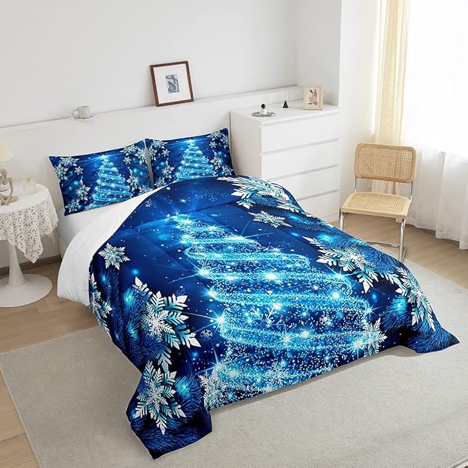 Feelyou Christmas Tree Comforter Set King Xmas Snowflake Comforter for Girls Women Daughter New Year Room Decor Blue Glitter Merry Christmas Bedding Set Winter Warm Soft Quilted Duvet Boys