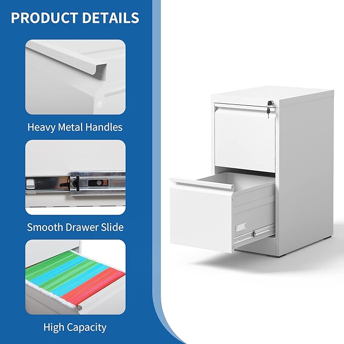 Vertical File Cabinet with Drawer, 2 Drawer File Cabinet with Lock, Filing Cabinets for Home Office, Hanging Files for A4/ Legal/Letter, White