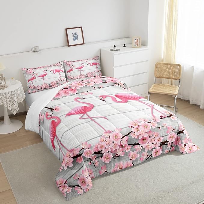 Erosebridal Flamingo Bedding Set Twin,Cherry Blossoms Comforter Set for Girls Teens Women,Pink Tropical Bird Animal Comforter Flower Rustic Wooden Board Quilt Duvet Sets with 1 Pillow Case