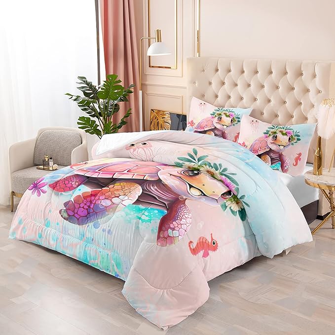 CVHOUSE Kawaii Sea Turtle Comforter Set Queen Size,Ocean Theme Bedding Set for Girls Kids,Tie Die Turtle Quilt Set Ocean Turtle Duvet Set Ocean Decor 3 Pieces