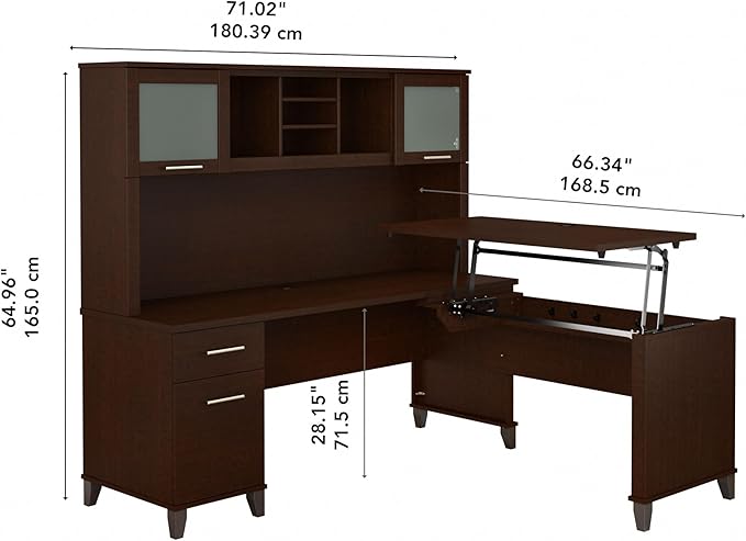 Bush Furniture Somerset 72W 3 Position Sit to Stand L Shaped Desk with Hutch in Mocha Cherry