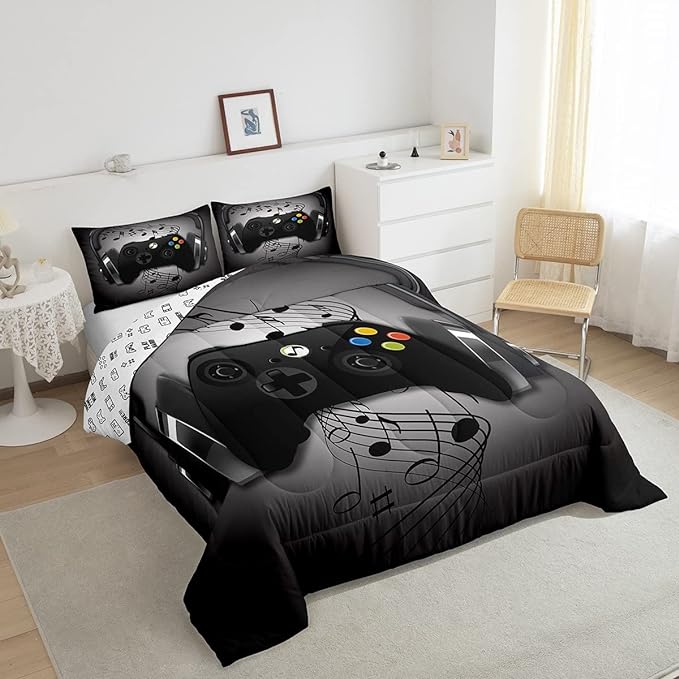 Gamer Comforter Set Full Size,Black Grey Headphones Musical Design Games Gamepad Bedding Set for Kids Boys Video Game Room Decor Retro Playing Gamer Down Comforter Gaming Controller Quilted Duvet Set