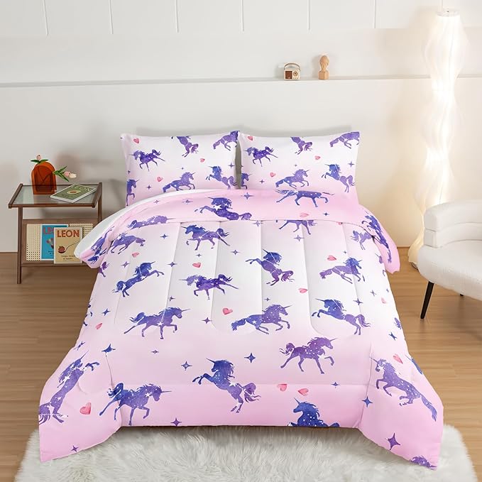 HOSIMA Kawaii Unicorn Comforter,Purple Unicorn with Stars and Love Heart Princess Toddler Bedding Set-Soft Microfiber Twin Bed in a Bag,Fairycore Room Decor Pink Twin Comforter with 2 Pillowcases.