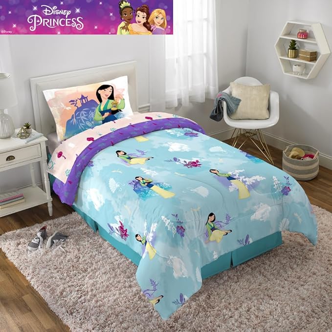 Franco Disney Princess Mulan Kids Bedding Super Soft Microfiber Comforter and Sheet Set, 4 Piece Twin Size, (Official Licensed Product)
