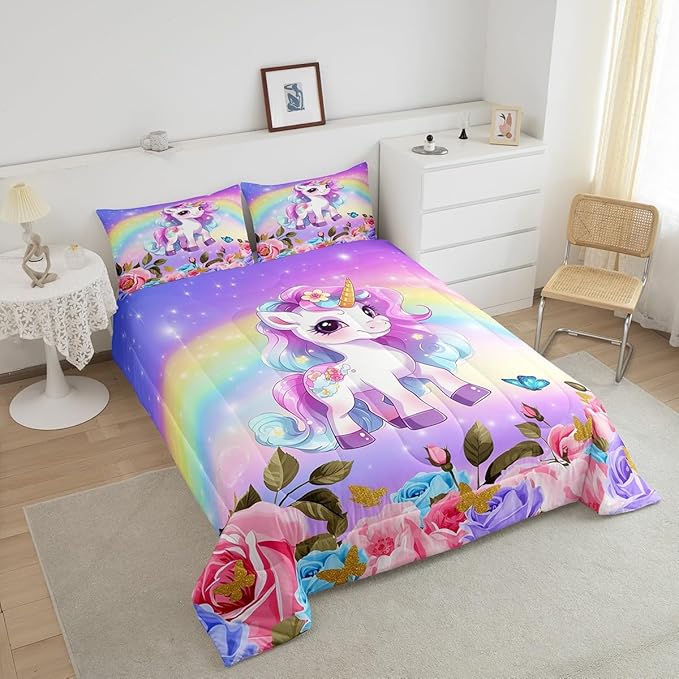 Cute Unicorn Kids Comforter Set Full Size,Rainbow Starry Sky Roses Dreamy Bedding Set,Girls Women Room Decor,Cartoon Animals Flowers Down Comforter,Pink Purple Unique Duvet Insert,2 Pillowcases