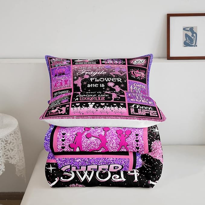 Cheerleading Comforter Set Cheer Gifts,Cheerleader Loves Bedding Set for Kids Girls Teens Adult,Cheer Pink (no real) Sequins Quilt Set Twin Geometric Plaid Patchwork Duvet Insert with 1 Pillowcase