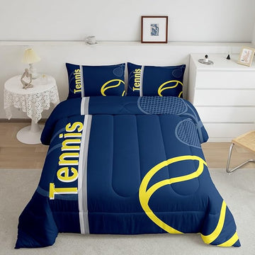 Feelyou Kids Tennis Comforter Set Full Size Tennis Sports Bedding Set for Boys Girls Teens Bedroom Decor Tennis Gaming Comforter Blue Yellow Tennis Lovers Duvet Set with 2 Pillow Case