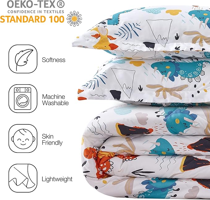 JSD Dinosaur Kids Comforter Set for Boys Girls, 3 Pieces Full Microfiber Comforter with Pillow Sham, Soft Comfortable Machine Washable