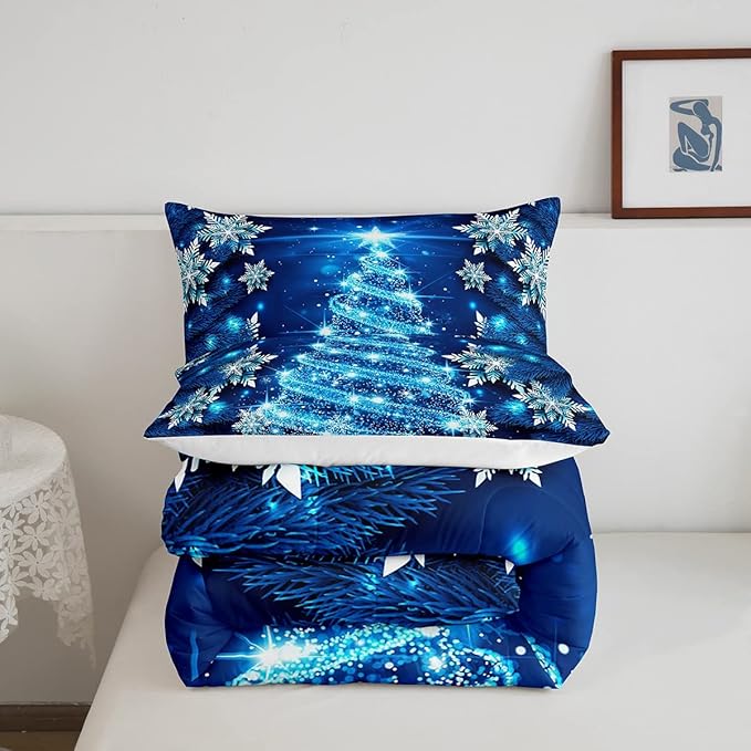Feelyou Girls Christmas Tree Comforter Set Blue Xmas Theme Comforter Queen Chic Winter Snowflake Bedding Set for Girls Daughter Bedroom Decor Soft Girly Glitter Quilted Duvet Winter Warm Bedding